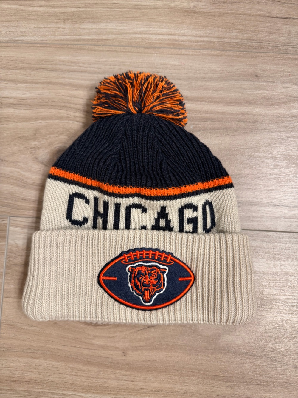 NFL Chicago Knit Pom Beanie in Cream, Navy & Orange